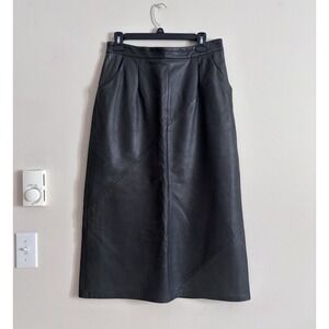 VTG RARE HTF Friitala Finland Genuine Leather Midi Skirt Green US 14 Chic